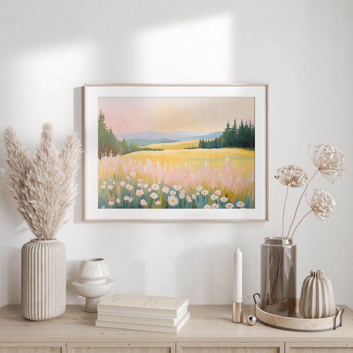 Sunny Wildflower Meadow with Daisies Colorful Landscape Art Poster - Image 3