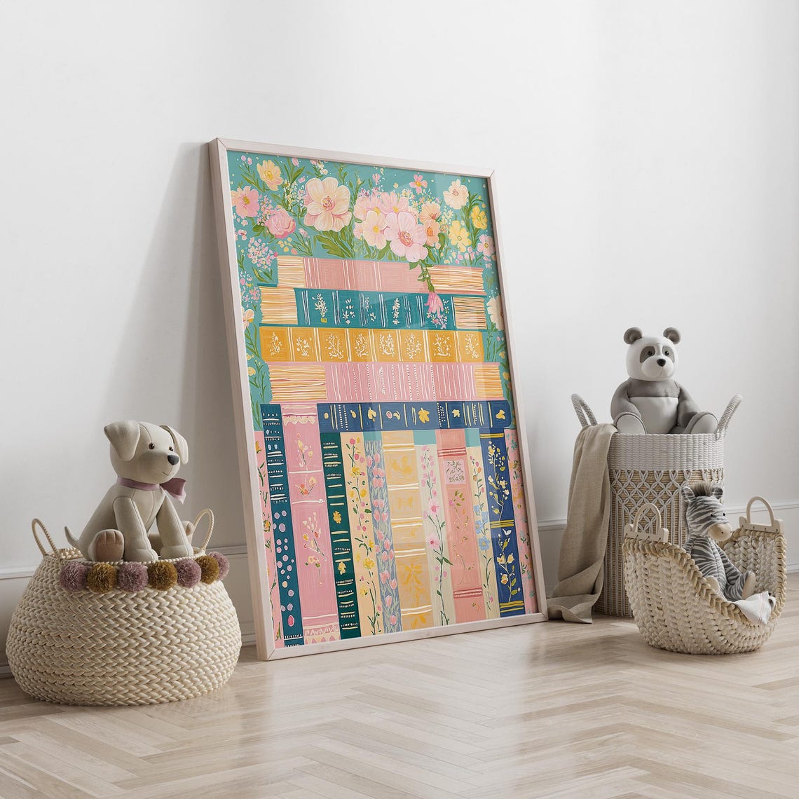 Teal Bookshelf Book Spines Stack Floral Botanical Book Lover Poster - Image 4