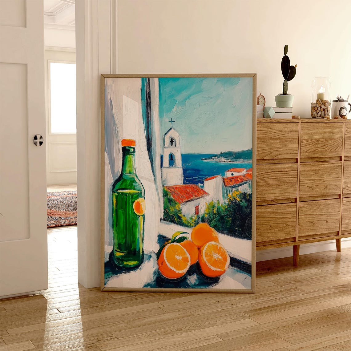 Green Wine Bottle With Oranges Mediterranean Coast Window Poster - Image 3