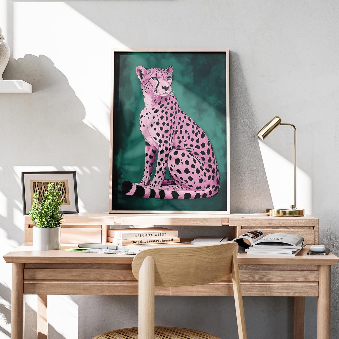 Pink Cheetah on Emerald Green Background Trendy Animal Wall Art - Image 4