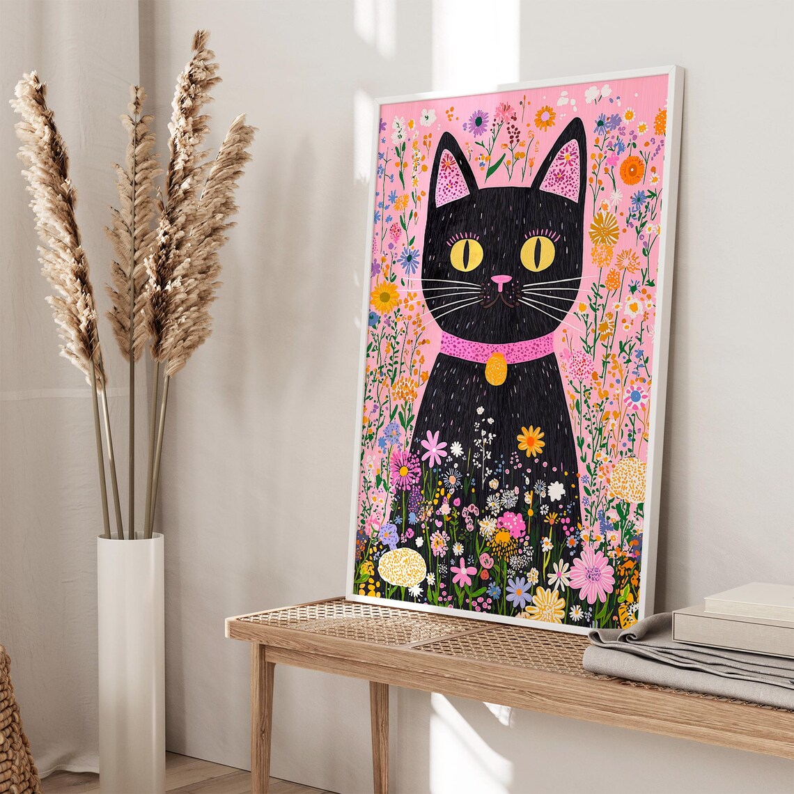 Black Cat in Blooming Wildflower Garden Whimsical Folk Art Poster - Image 6