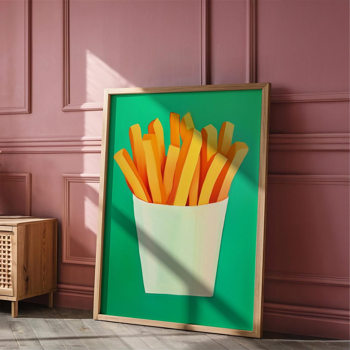French Fries in a White Cup on Bright Green Kitchen Decor Poster - Image 4