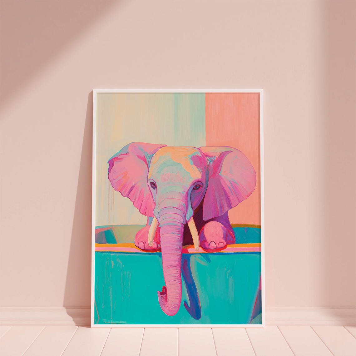 Pastel Pink Elephant in Turquoise Bathtub Whimsical Bathroom Poster - Image 6