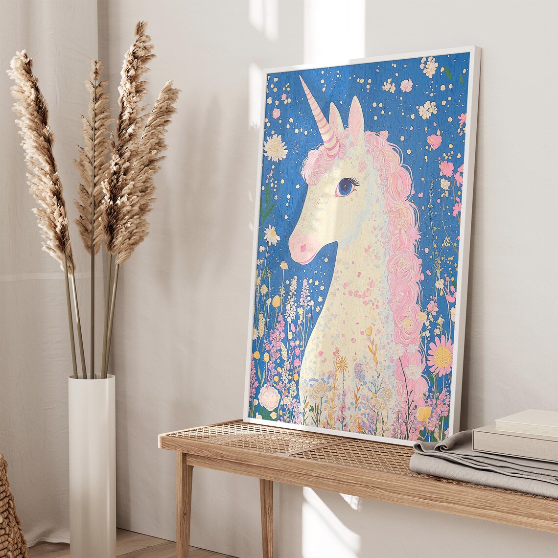 White Unicorn Portrait Pink Curly Mane Wildflower Fantasy Wall Art - Image 2