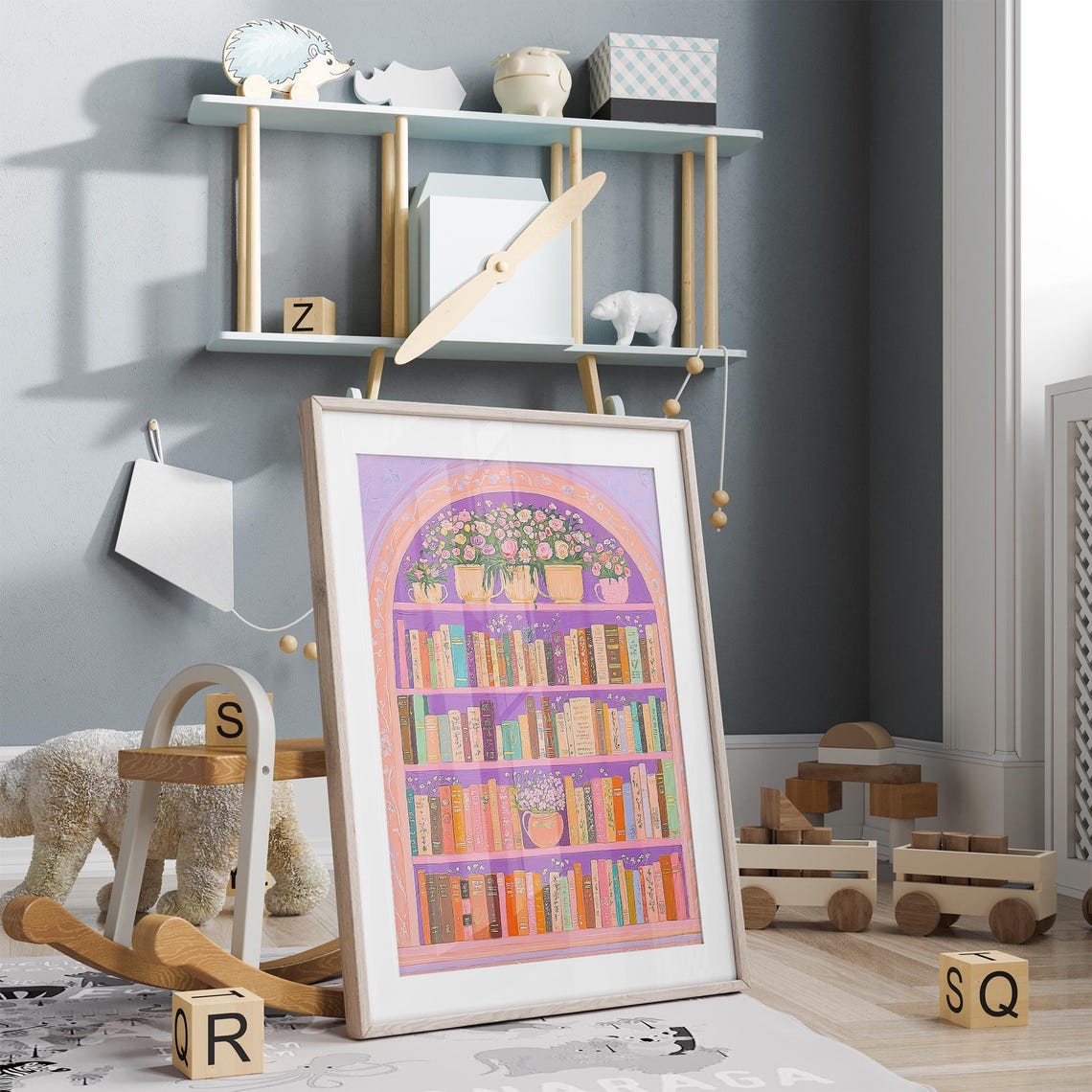 Pink Library Bookshelf Arch Floral Roses Reading Nook Wall Art - Image 3