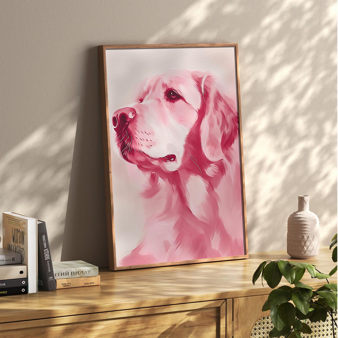 Pink Monochrome Golden Retriever Portrait Modern Dog Art Poster - Image 2