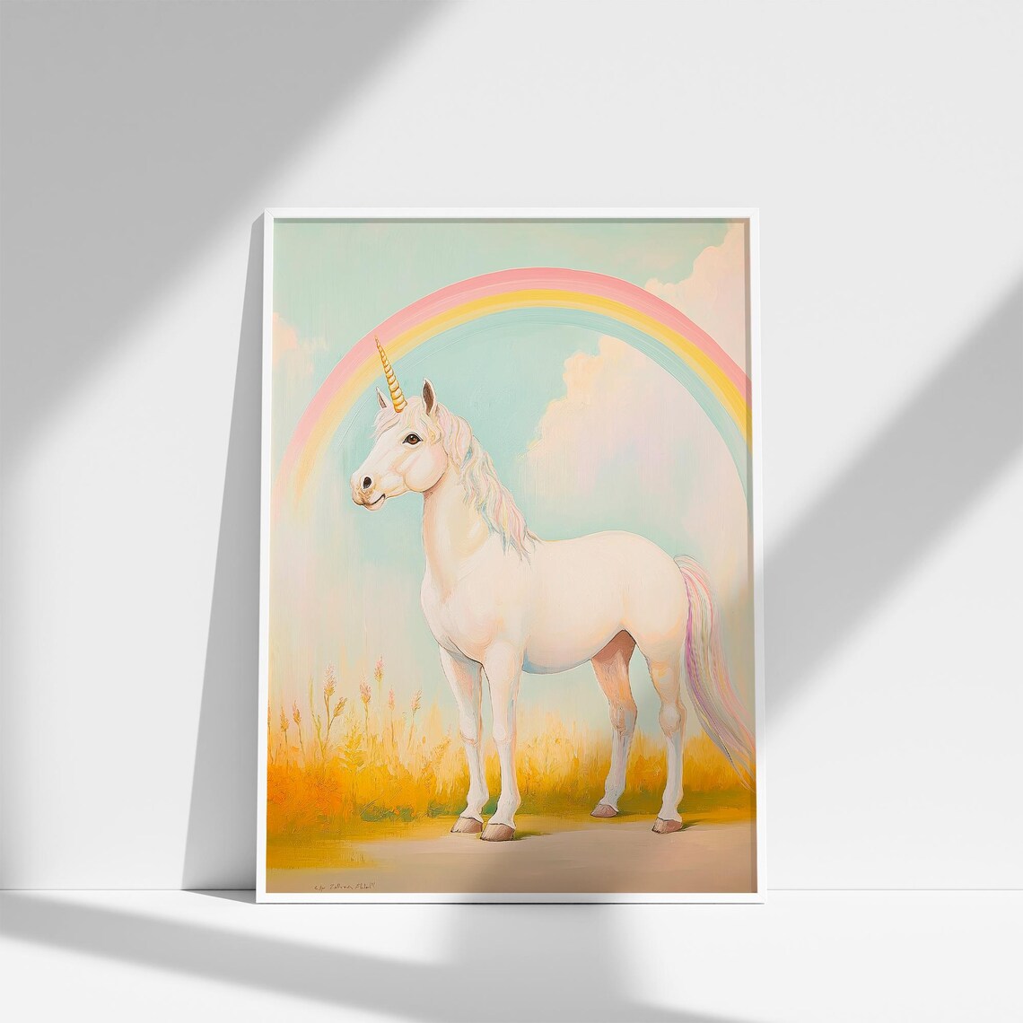 White Unicorn Under a Rainbow in a Golden Field Girls Room Poster - Image 3