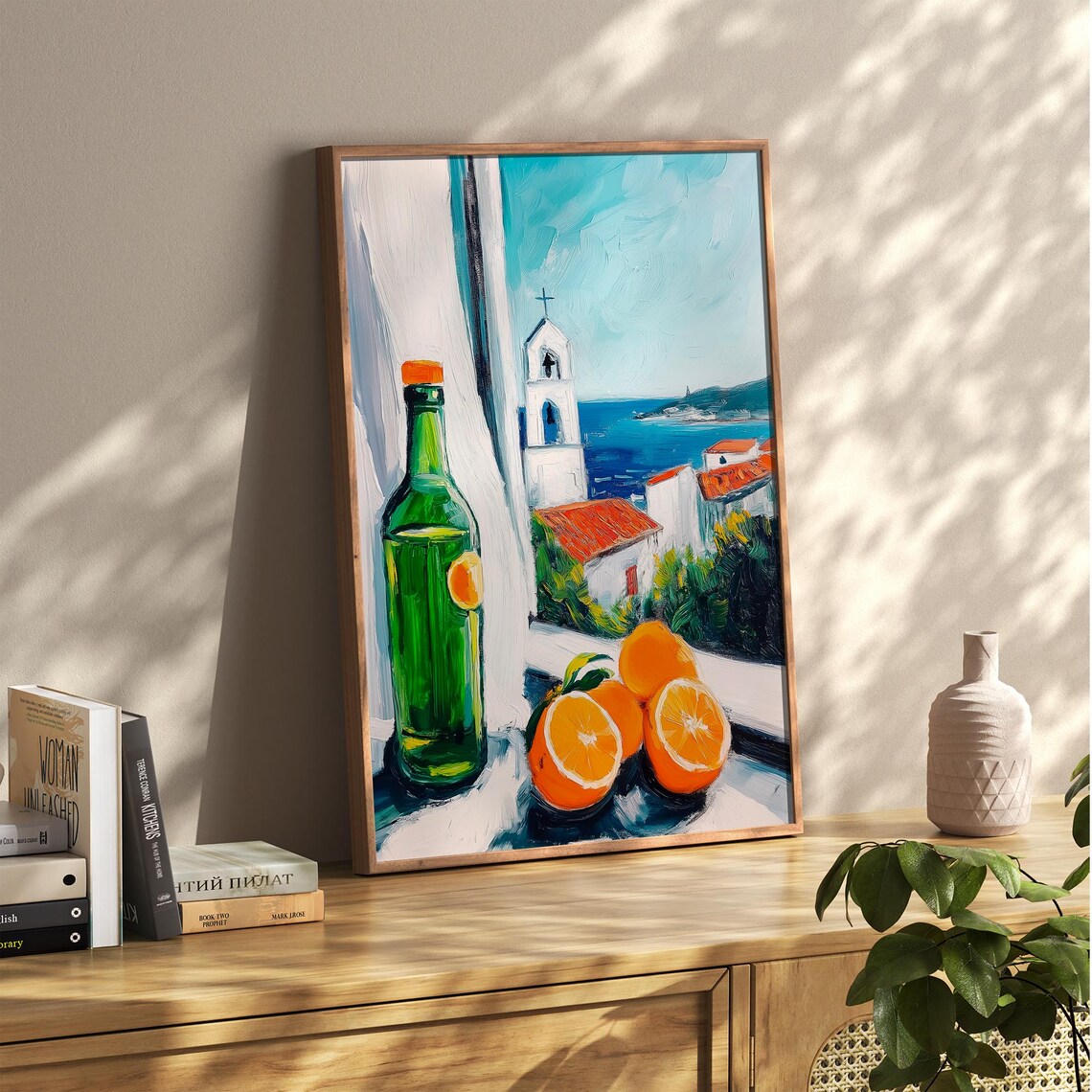 Green Wine Bottle With Oranges Mediterranean Coast Window Poster - Image 6
