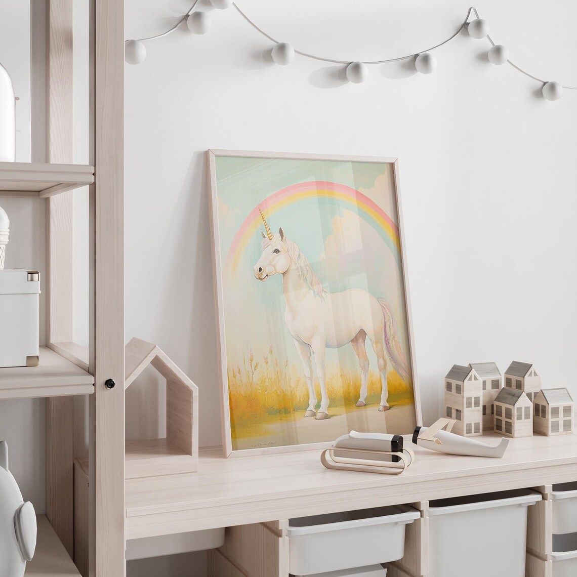 White Unicorn Under a Rainbow in a Golden Field Girls Room Poster - Image 4