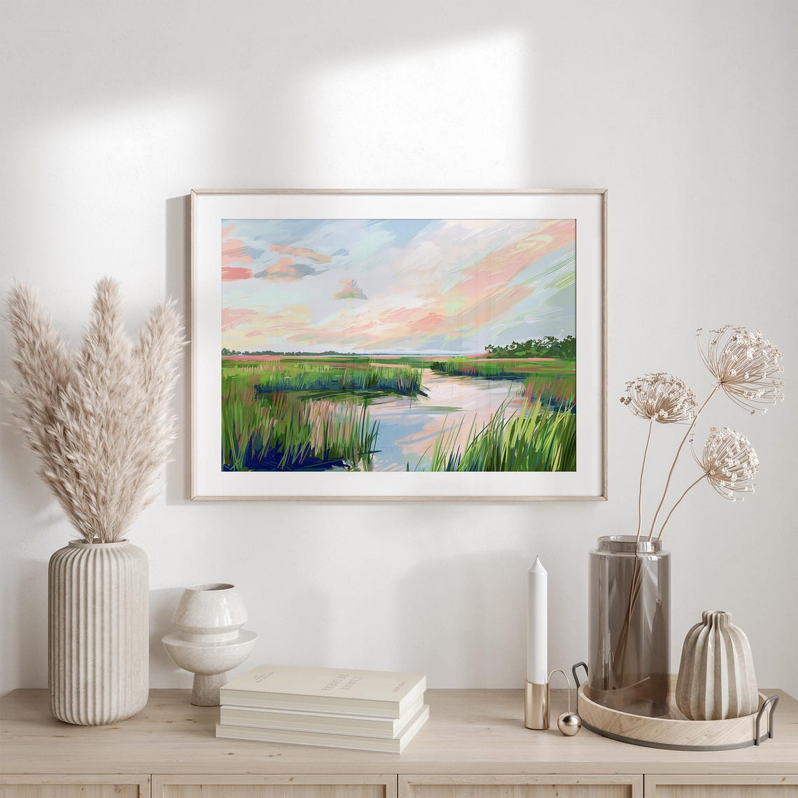 Lush Green Marsh Wetlands With Soft Pink Sky Reflections Poster - Image 6