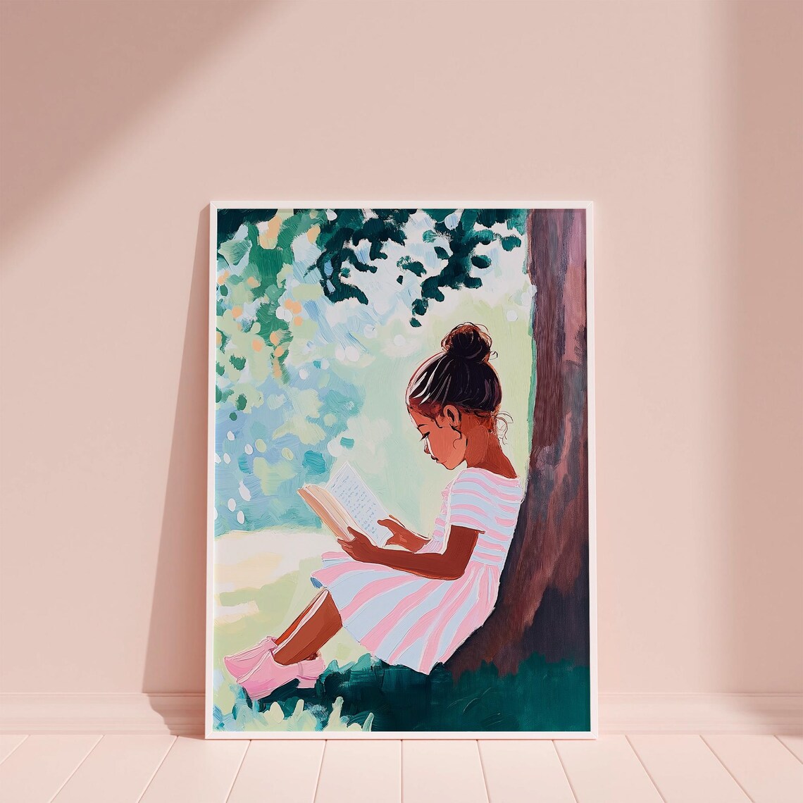 Black Girl Reading Under a Tree on a Summer Day Kids Room Poster - Image 6