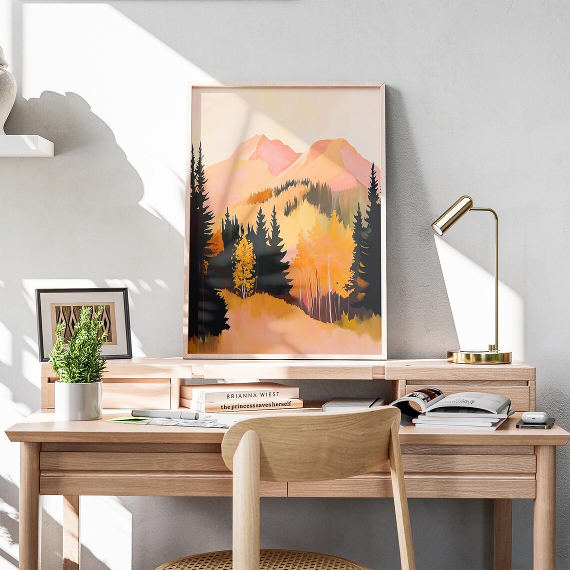 Pink Mountain Peaks Rising Over Golden Autumn Pines Landscape Poster - Image 4