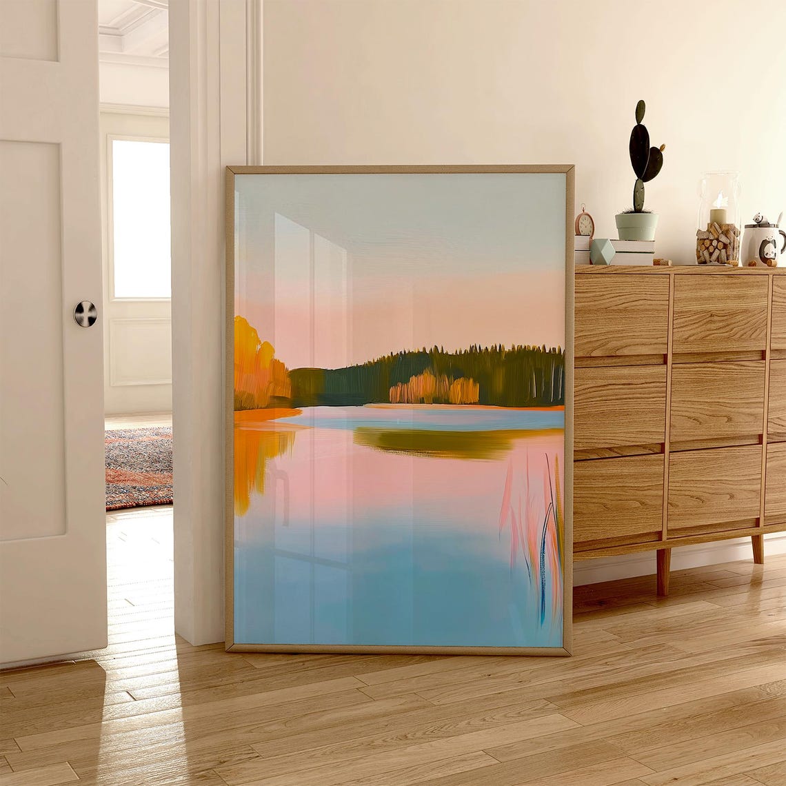 Pink Sunset Lake With Forest Reflection Calm Water Landscape Poster - Image 4