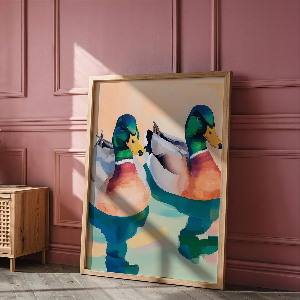 Two Mallard Ducks Swimming in a Colorful Duck Pond Nature Poster - Image 4