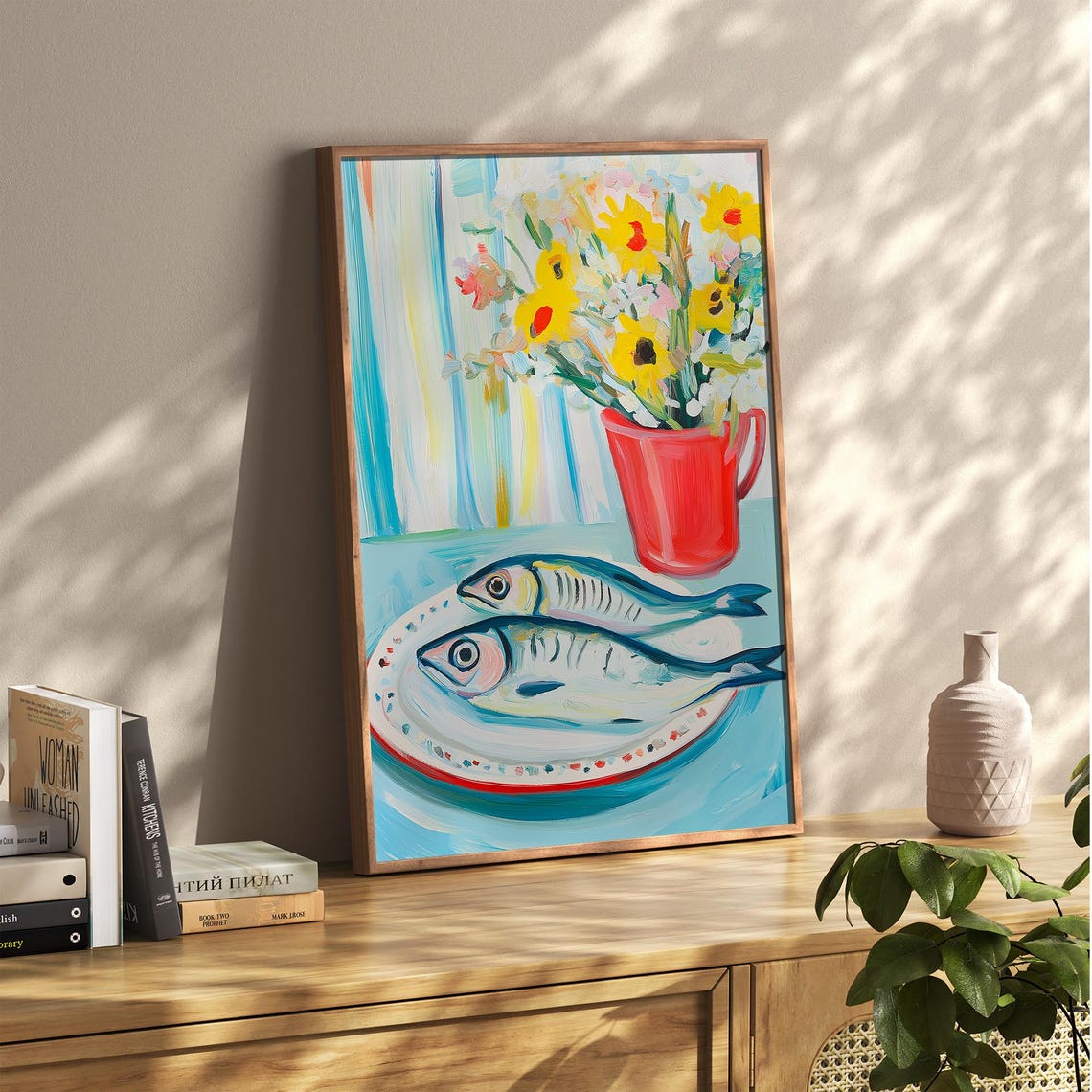 Two Fish on Plate With Wildflowers Coastal Kitchen Still Life Poster - Image 4