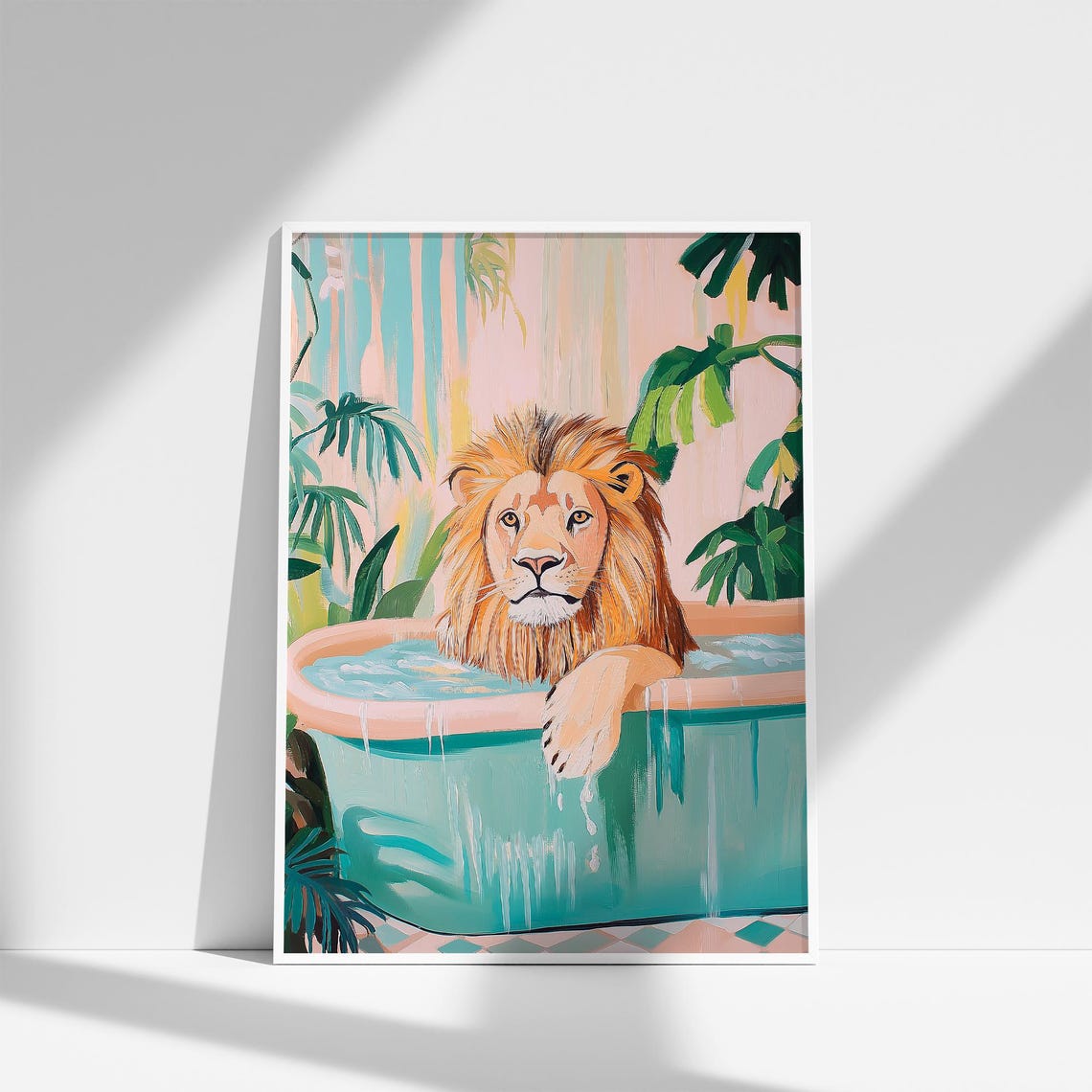 Lion Relaxing in Turquoise Bathtub Tropical Pastel Bathroom Poster - Image 4