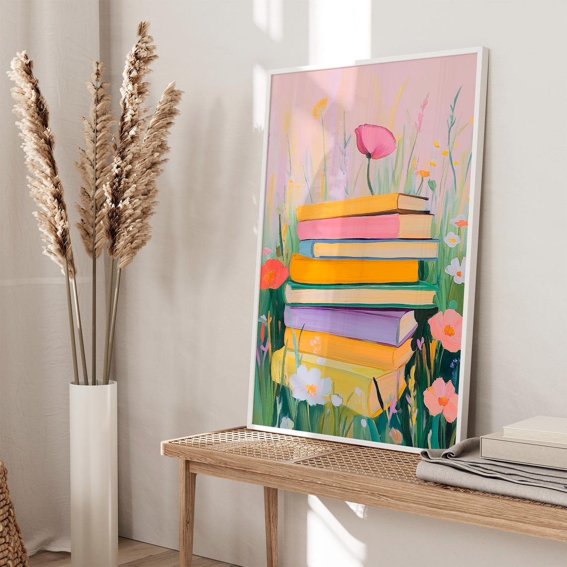 Pastel Book Stack in a Wildflower Meadow Under a Pink Sky Poster - Image 3