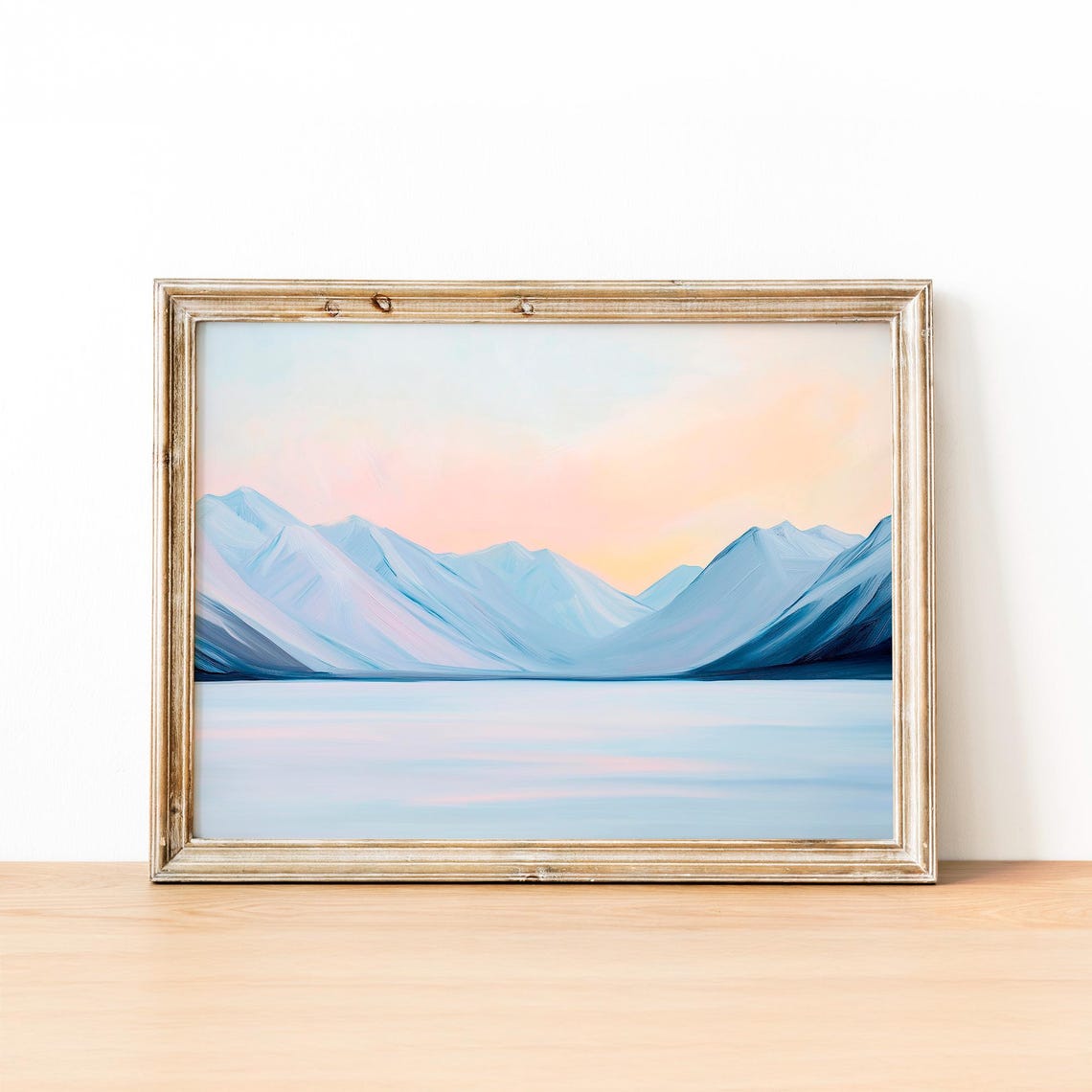 Blue Snowy Mountain Peaks Reflected In Calm Lake At Sunset Poster - Image 4