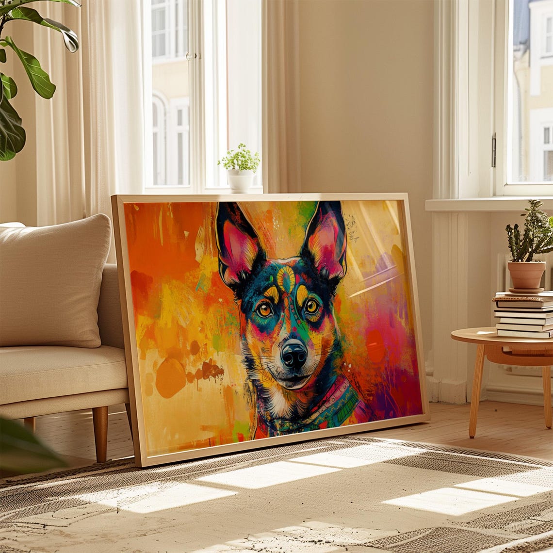 Rainbow Painted Dog Face Portrait Upright Ears Warm Abstract Poster - Image 4