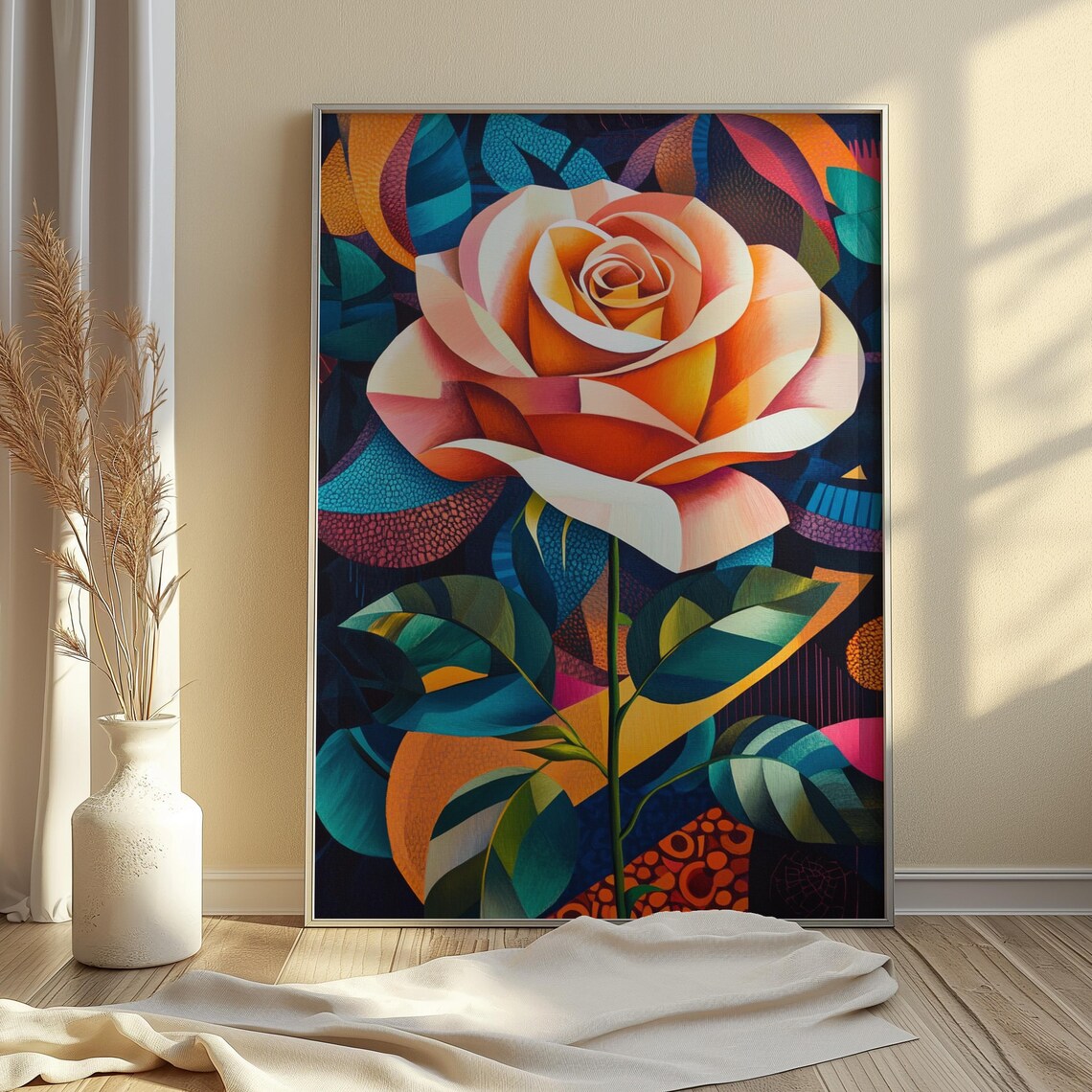 Peach Rose Faceted Petals Dark Abstract Background Floral Poster - Image 4
