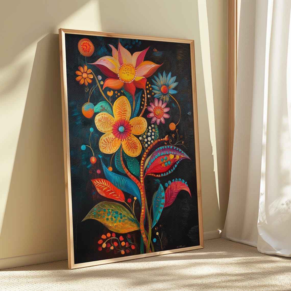 Whimsical Orange Pink Flowers Black Background Folk Floral Poster - Image 5