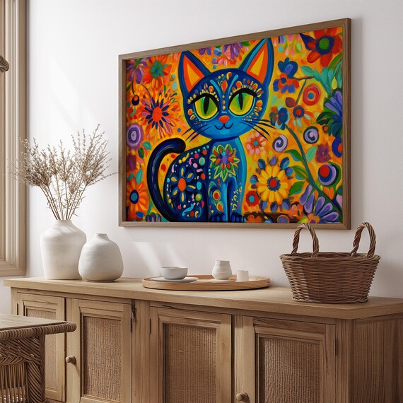 Happy Blue Folk Art Cat Sitting Among Garden Flowers Smiling Poster