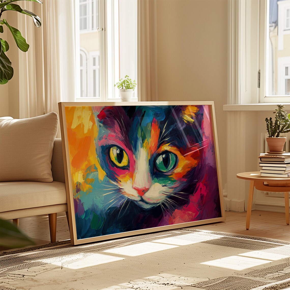 Calico Cat Close Up Mismatched Eyes Rainbow Brushstroke Poster - Image 4