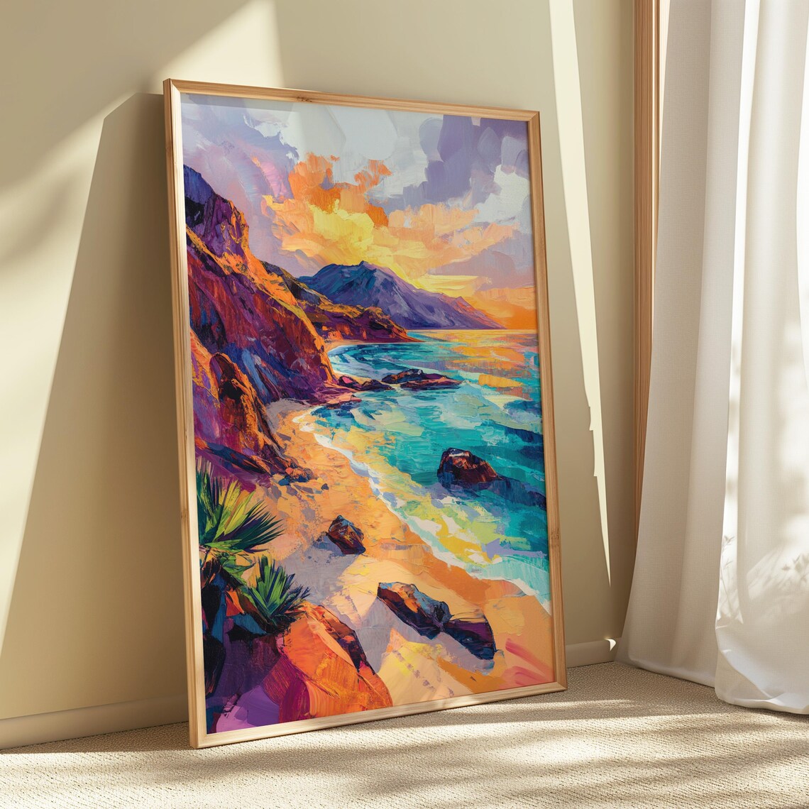 Rocky Cove Beach Agave Turquoise Sea Sunset Golden Art Print - Image 5