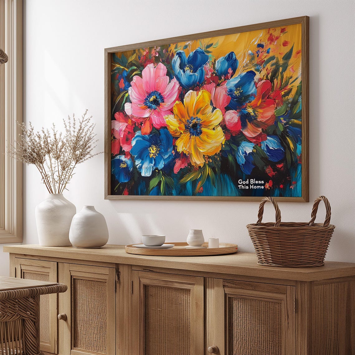 God Bless This Home Vibrant Bold Blossom Gold Blue Floral Poster