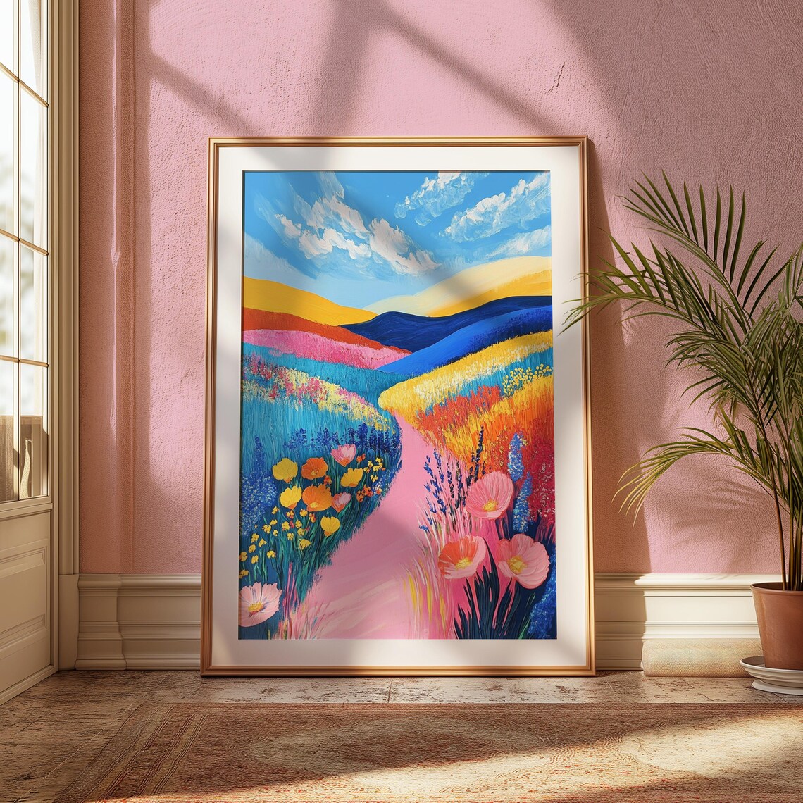 Pink Path Through Rainbow Flower Fields Colorful Hills Blue Sky Landscape Poster - Image 2