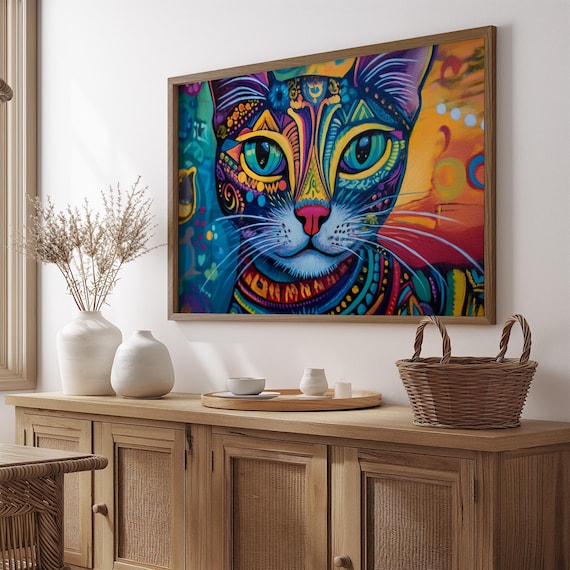 Psychedelic Cat Face Turquoise Eyes Vibrant Tribal Pattern Art Poster