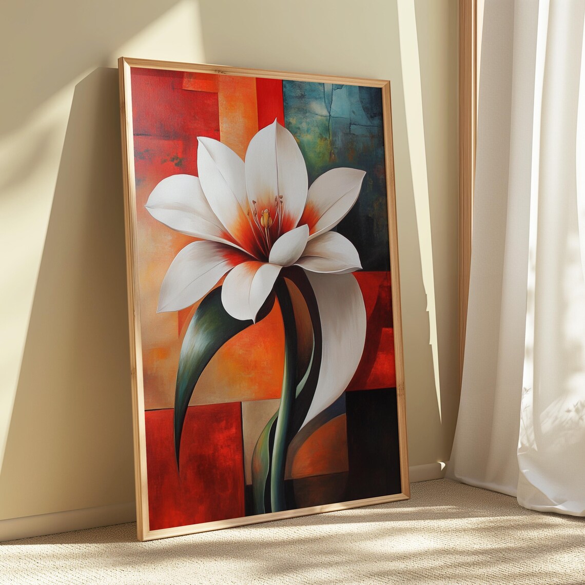 White Lily Color Block Red Teal Background Elegant Floral Art Poster - Image 5