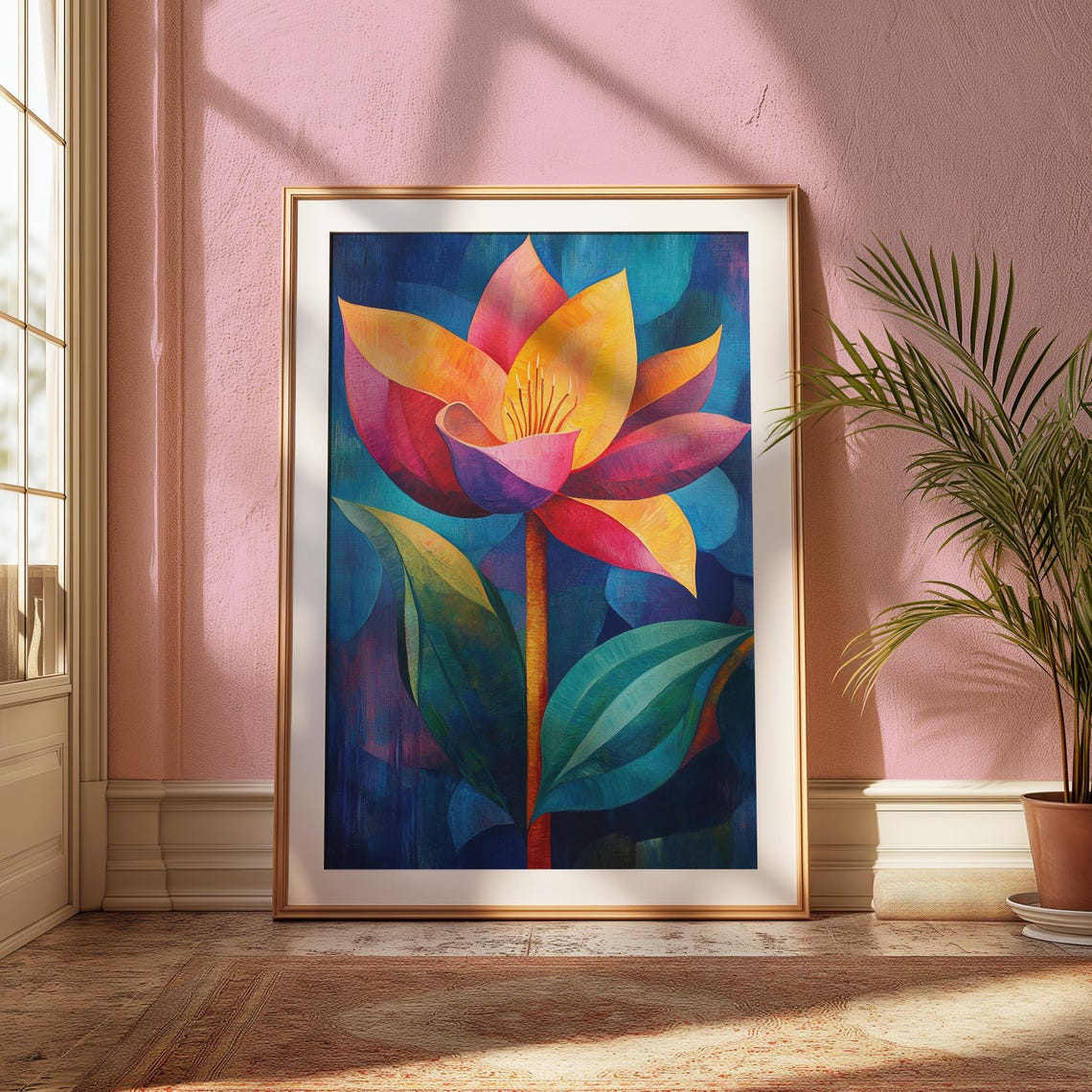 Pink Orange Lotus Bloom Dark Teal Leaf Floral Painting Poster - Image 2
