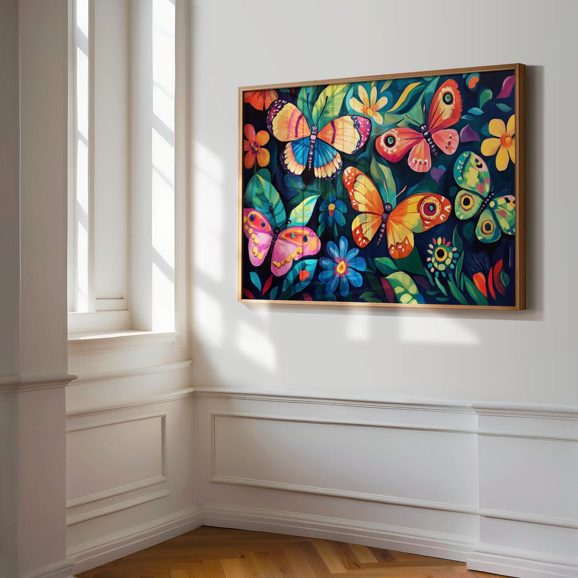 Six Colorful Butterflies Flying In Lush Green Leaves Dark Poster - Image 3