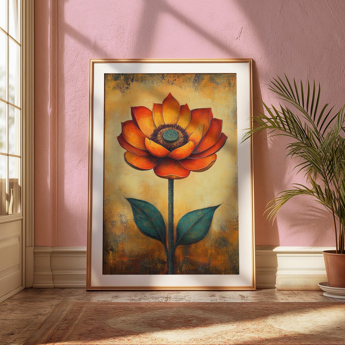 Orange Lotus Bloom Aged Gold Texture Vintage Botanical Floral Poster - Image 2
