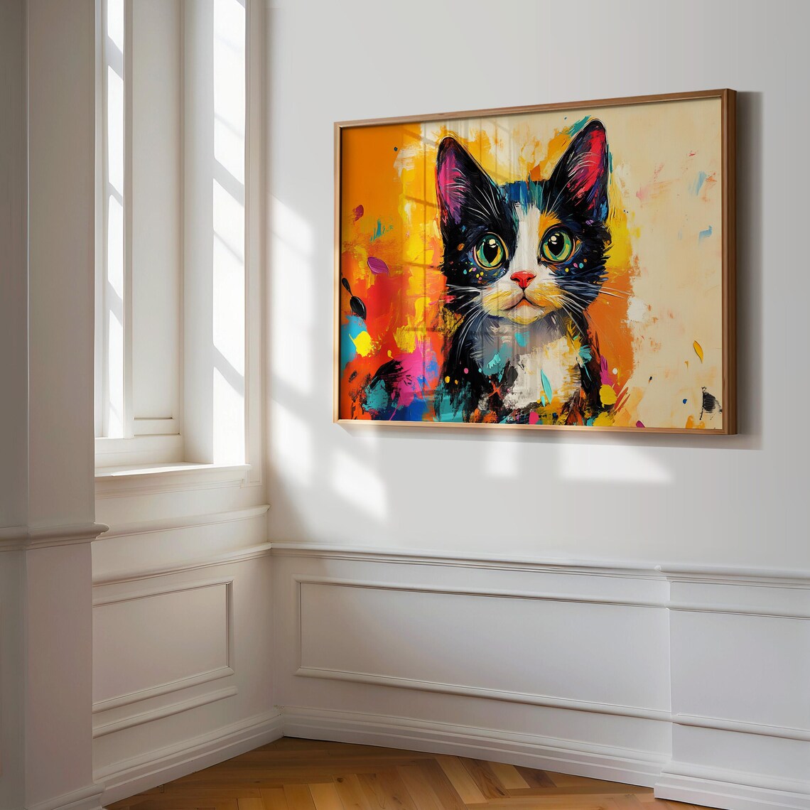 Tuxedo Cat Big Green Eyes Abstract Paint Splatter Background Poster - Image 3