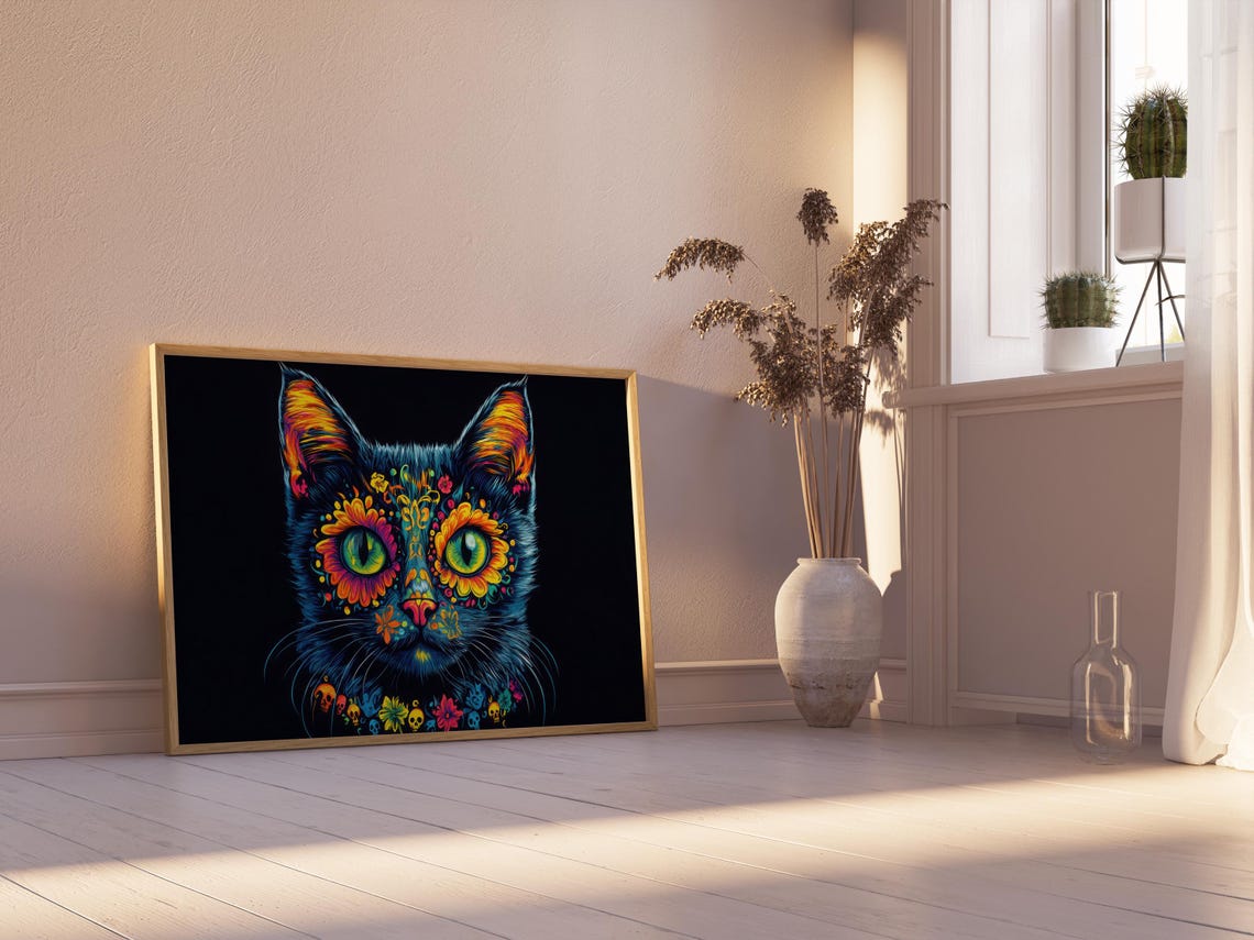 Black Cat Marigold Eye Rings Green Eyes Sugar Skull Charm Wall Art - Image 2