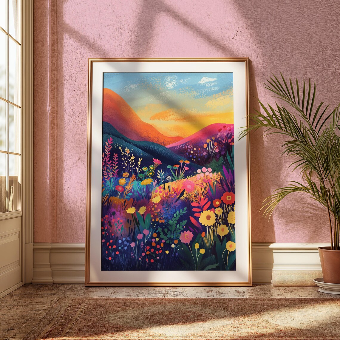 Sunset Hillside Wildflower Field Orange Sky Detailed Blooming Meadow Poster - Image 2
