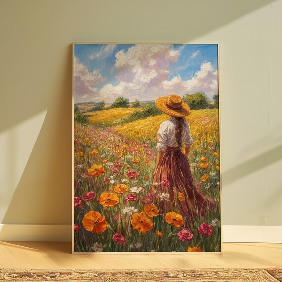 Woman Straw Hat Standing in Poppy Field Romantic Impressionist Art Poster