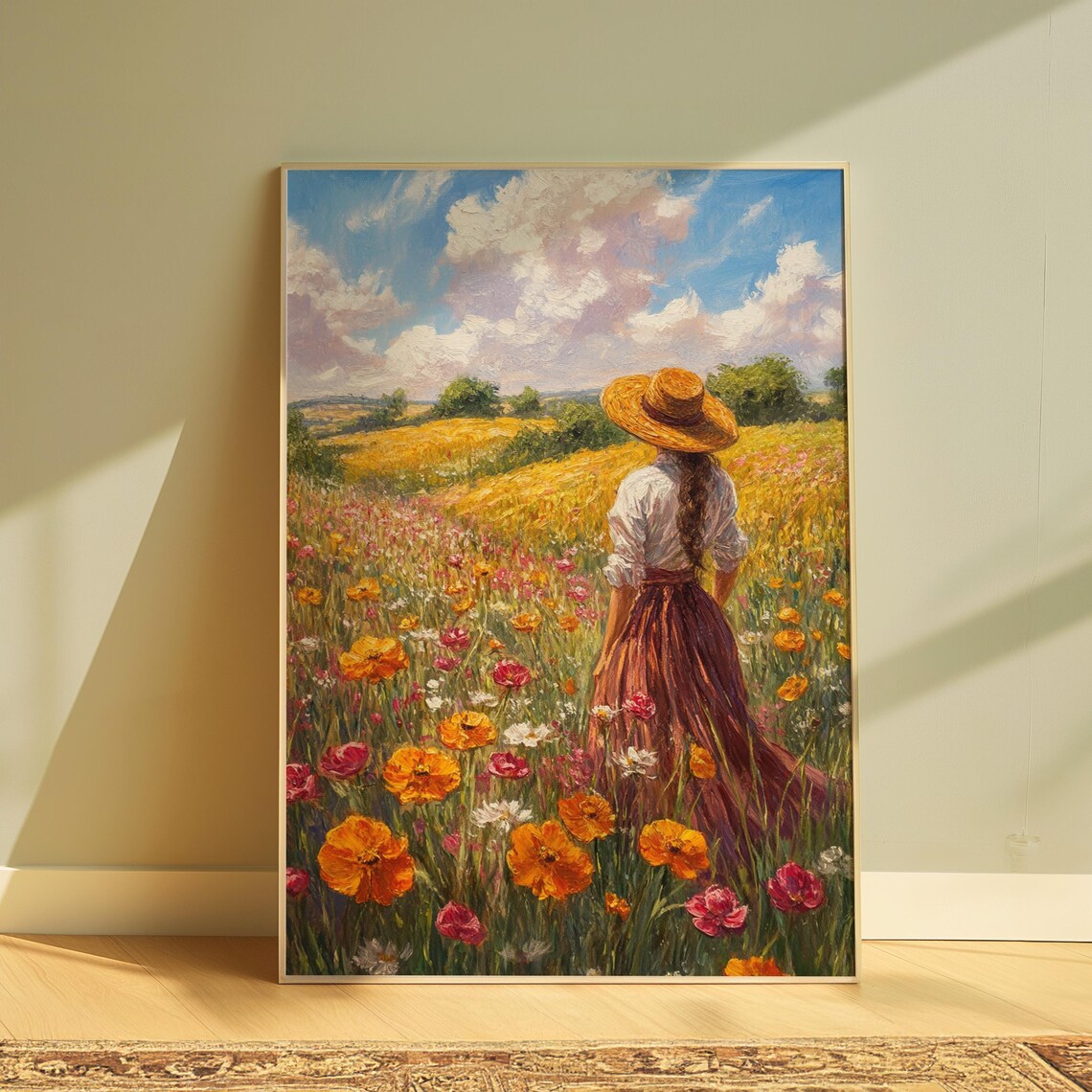 Woman Straw Hat Standing in Poppy Field Romantic Impressionist Art Poster