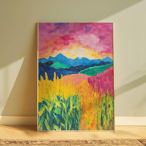 Sunset Meadow Golden Grasses Mountain View Colorful Art Print