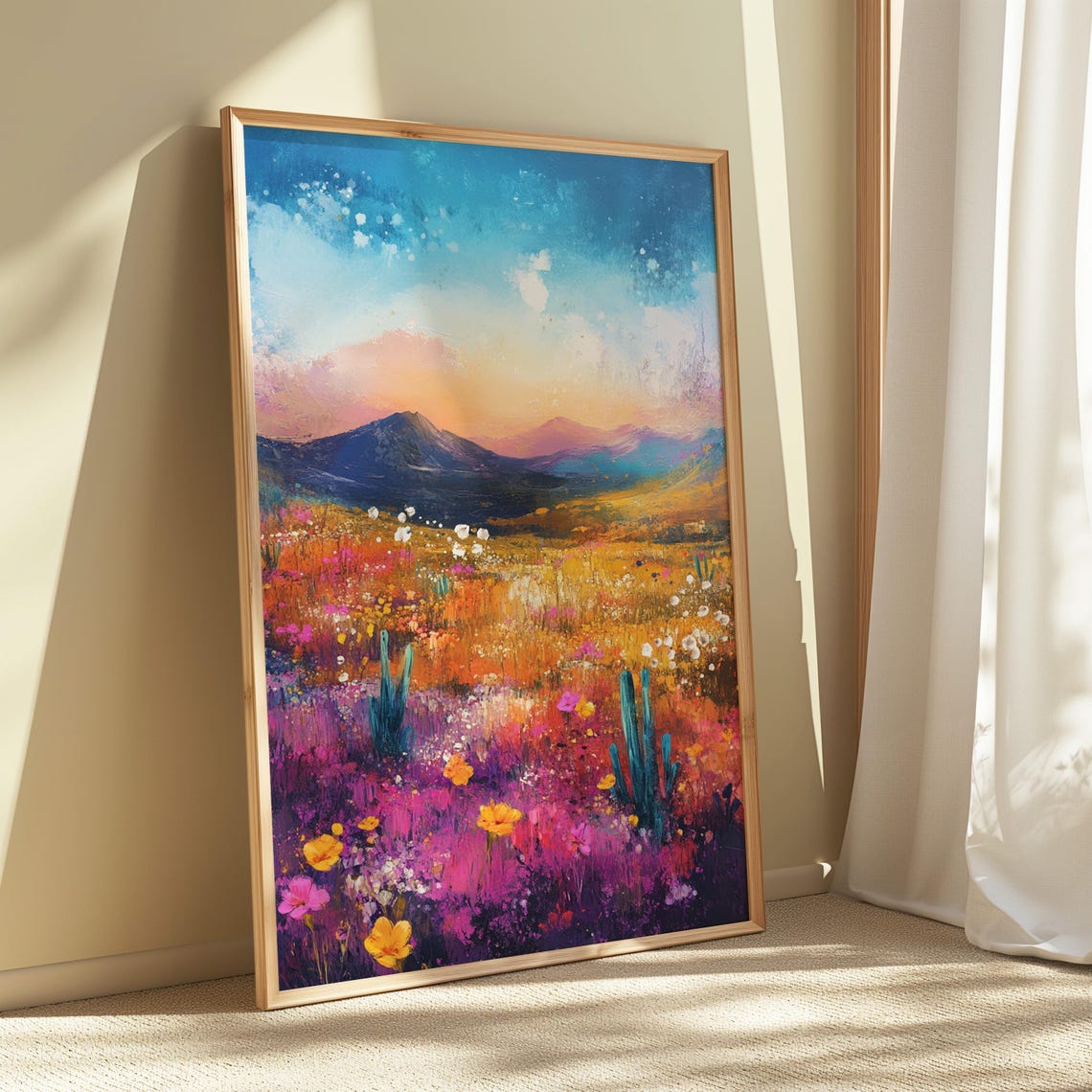 Desert Wildflower Meadow Cacti Mountain Dusk Colorful Art Print - Image 5