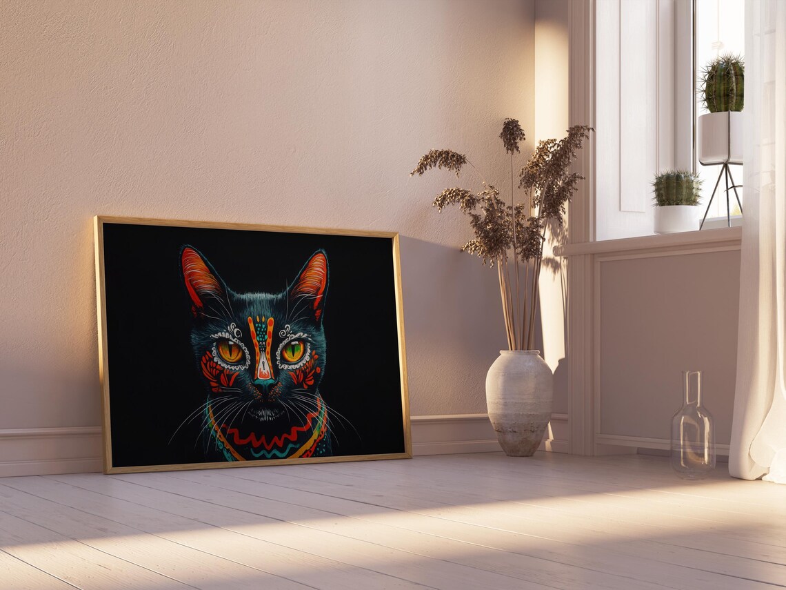 Black Cat Sugar Skull Face Paint Amber Eyes Mexican Folk Art Cat Poster - Image 2