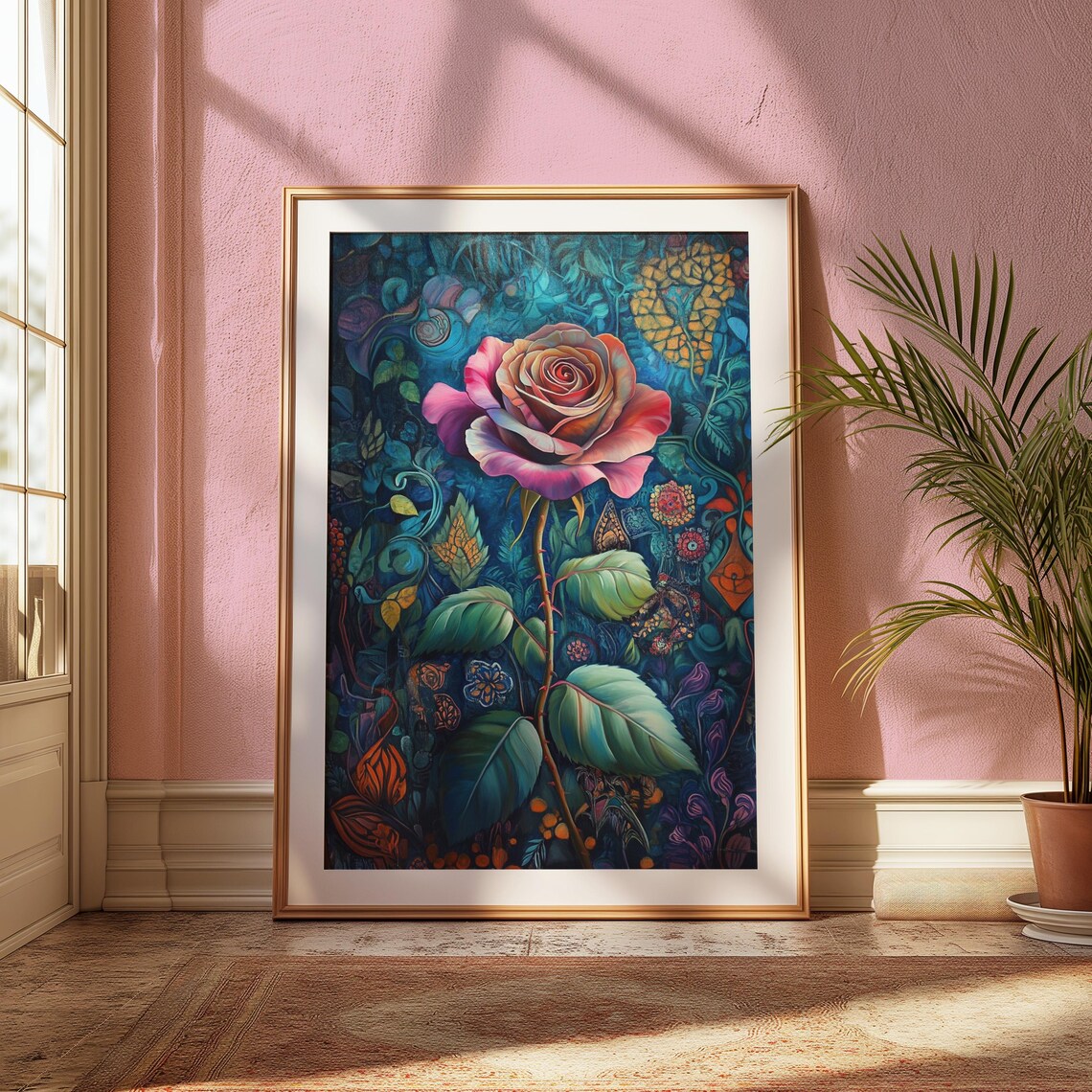 Blush Pink Rose Teal Ornamental Garden Floral Painting Poster - Image 2
