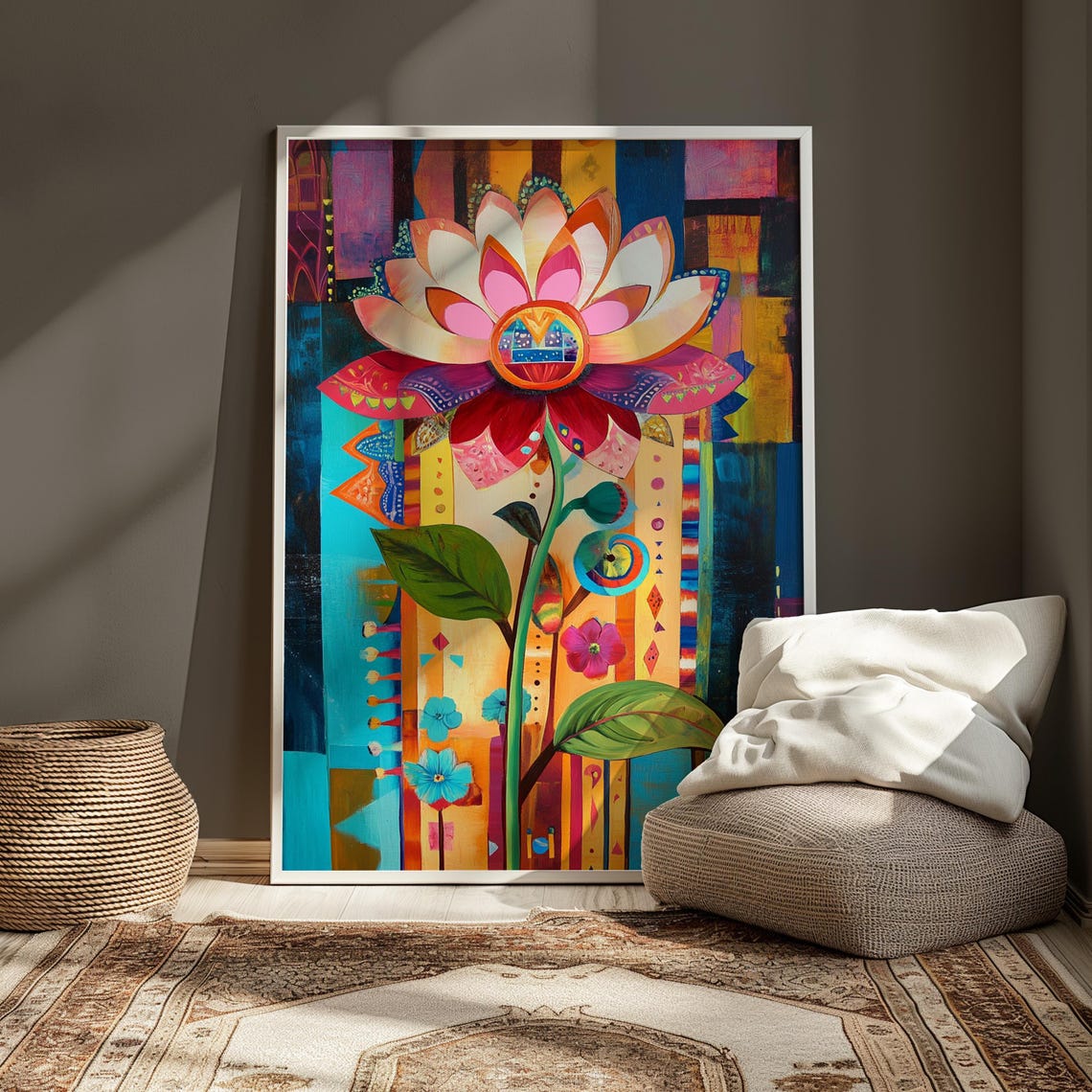 Pink Lotus Folk Art Striped Turquoise Background Botanical Poster - Image 3