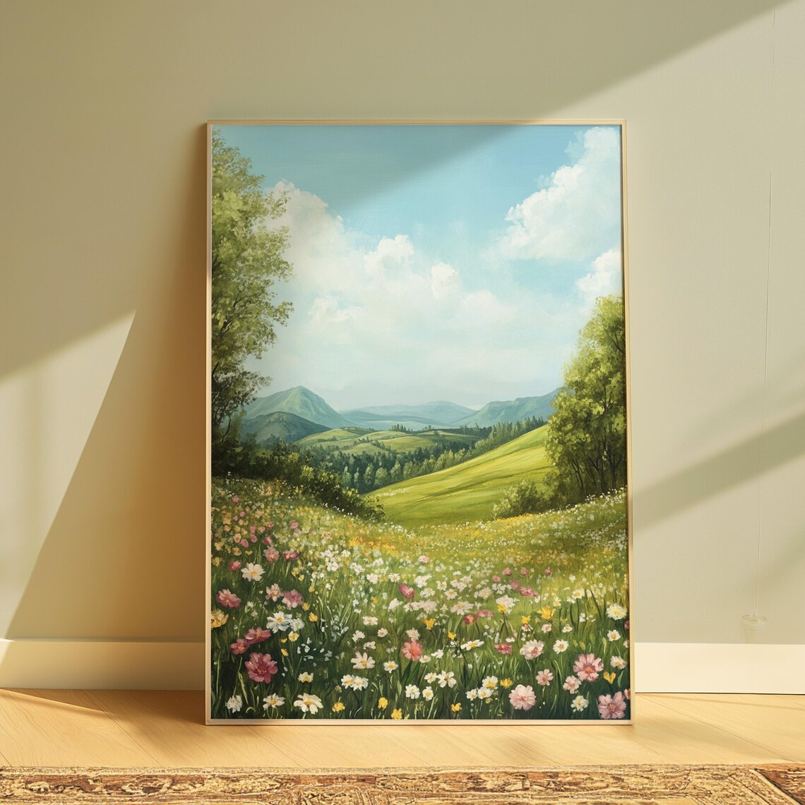 Lush Green Valley Wildflower Meadow Mountain View Oil Painting Poster