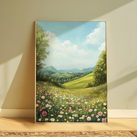 Lush Green Valley Wildflower Meadow Mountain View Oil Painting Poster