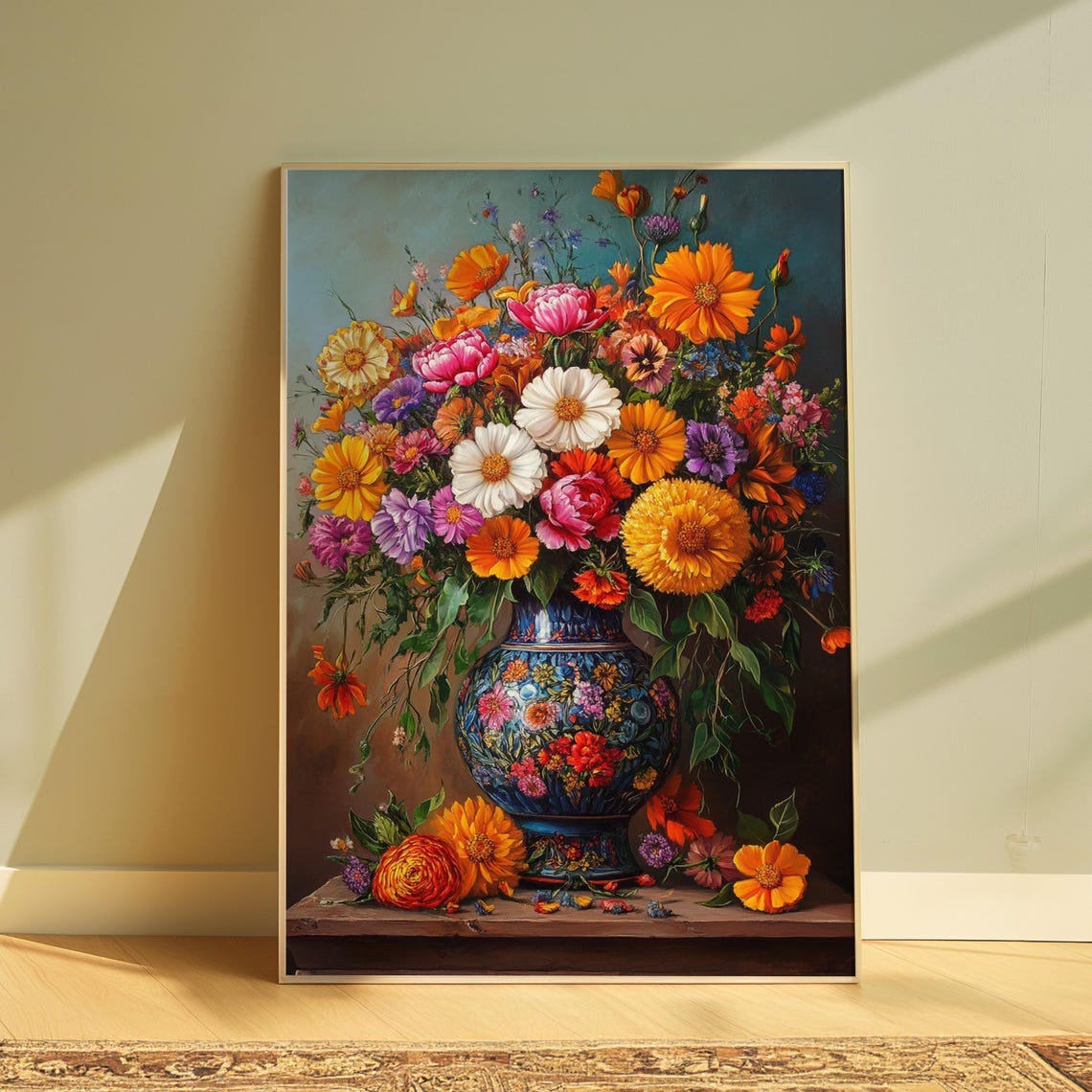 Vibrant Wildflower Bouquet Ornate Blue Vase Ledge Teal Garden Poster