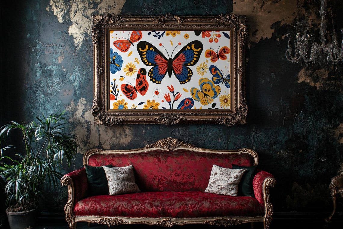 Folk Art Butterfly Pattern Colorful Bold Boho Nature Decor Poster