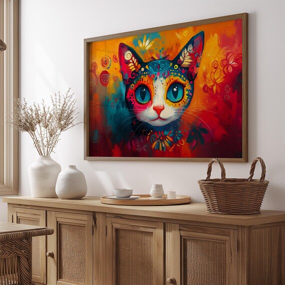 Folk Art Cat Big Blue Eyes Ornate Patterns Warm Red Orange Poster